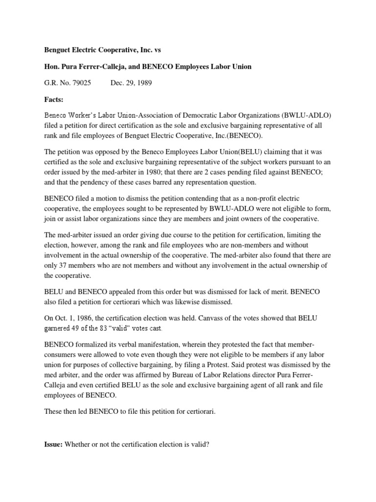 Benguet Electric Cooperative Vs Calleja Digest | PDF | Trade Union ...