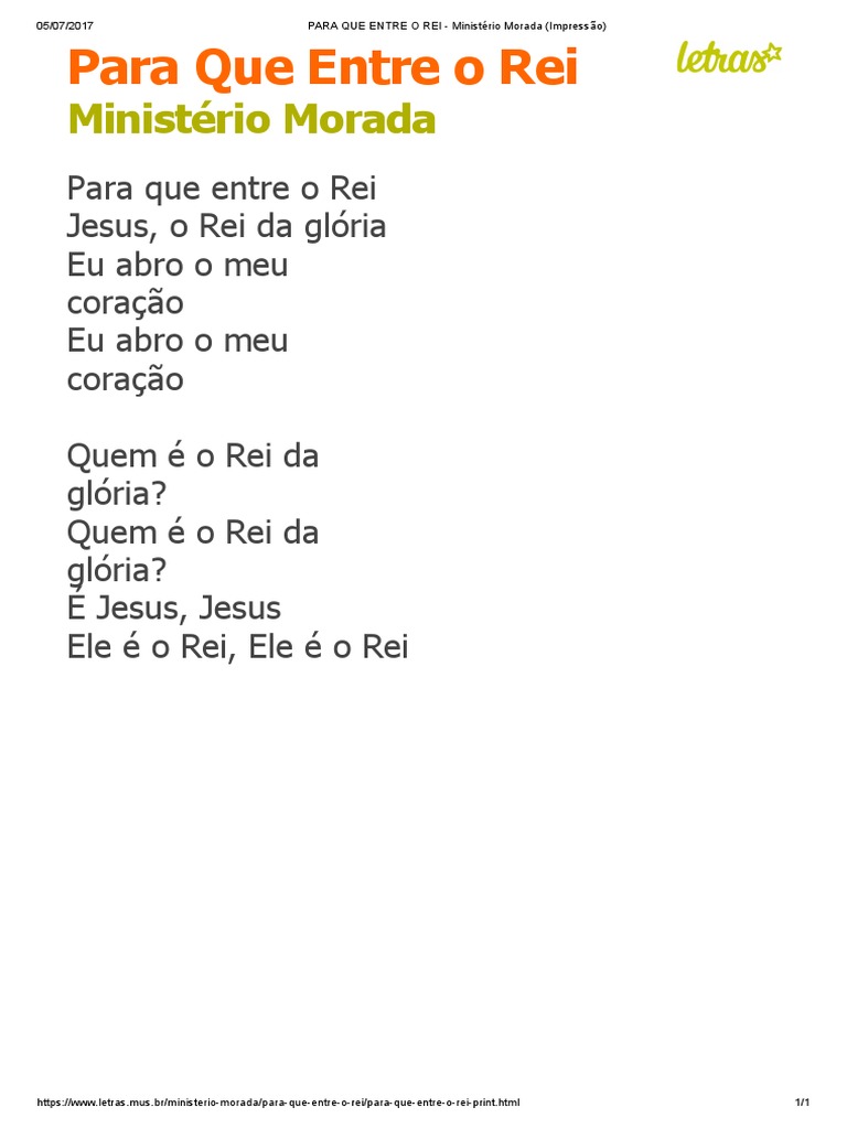 PARA QUE ENTRE O REI - Ministério Morada (Impressão) | PDF