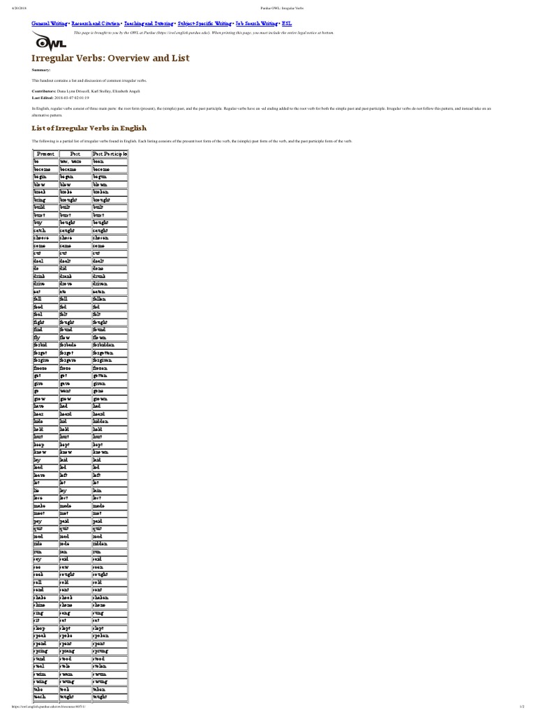Purdue OWL - Irregular Verbs | PDF | Linguistic Morphology | Linguistic ...