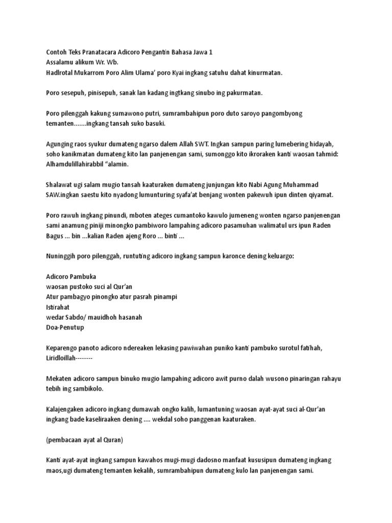 Contoh Teks Pranatacara Adicoro Pengantin Bahasa Jawa 1