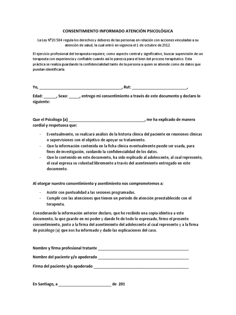 Consentimiento Informado Atención Psicológica PDF Consentimiento informado Historial médico