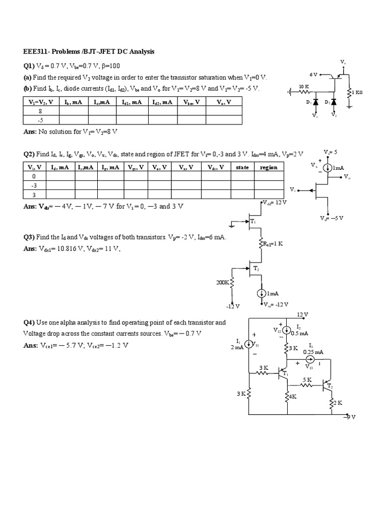 Problems BJT DC Analysis PDF Bipolar Junction Transistor Transistor