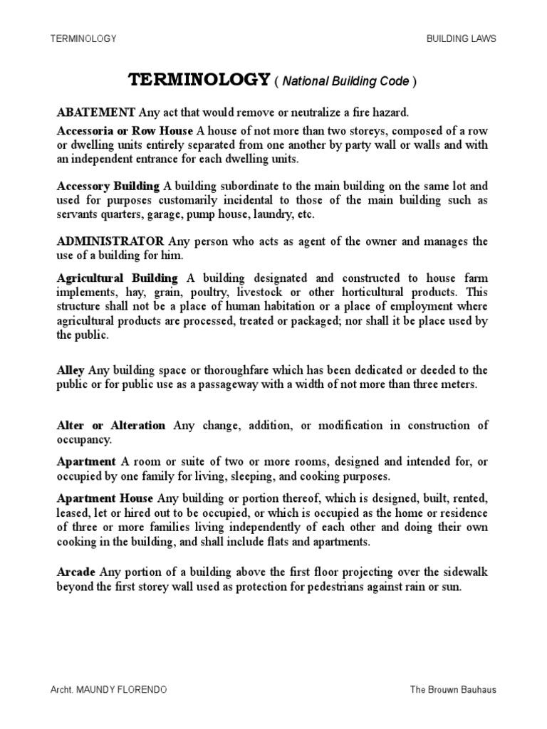 Building Laws Terminology Guide | PDF | Land Lot | Wall