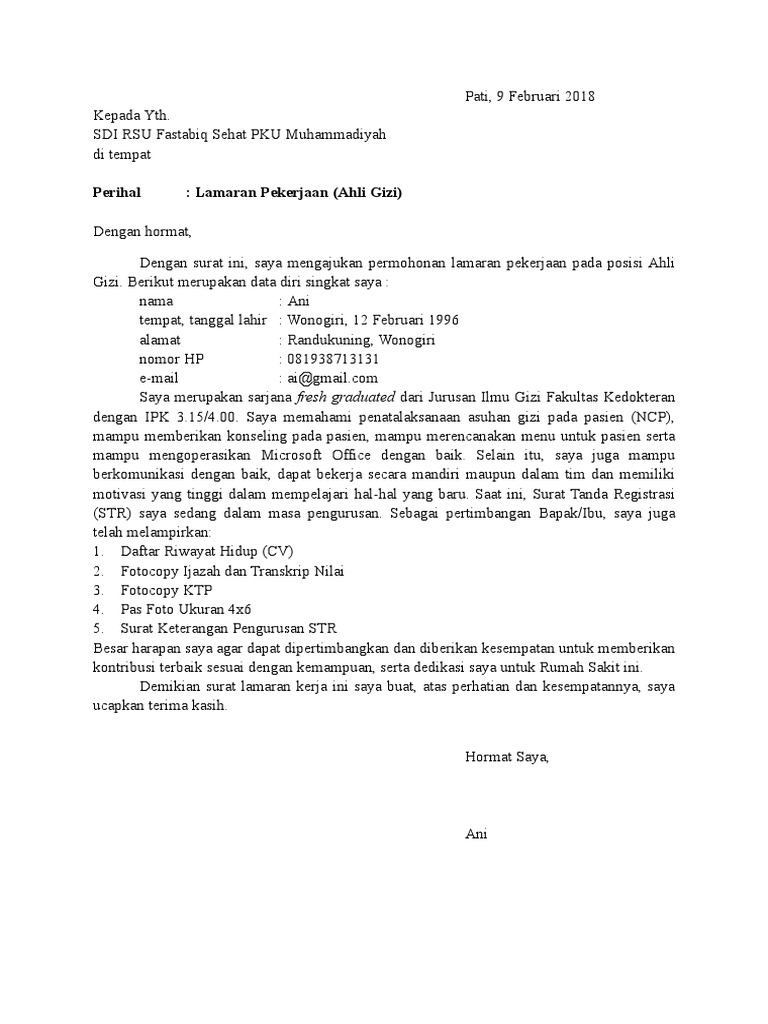 Contoh Surat Lamaran Kerja Ahli Gizi Berbagi Contoh Surat