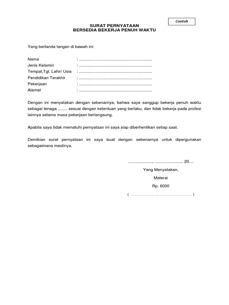 Contoh Surat Pernyataan Kesanggupan Bekerja Dalam - IMAGESEE