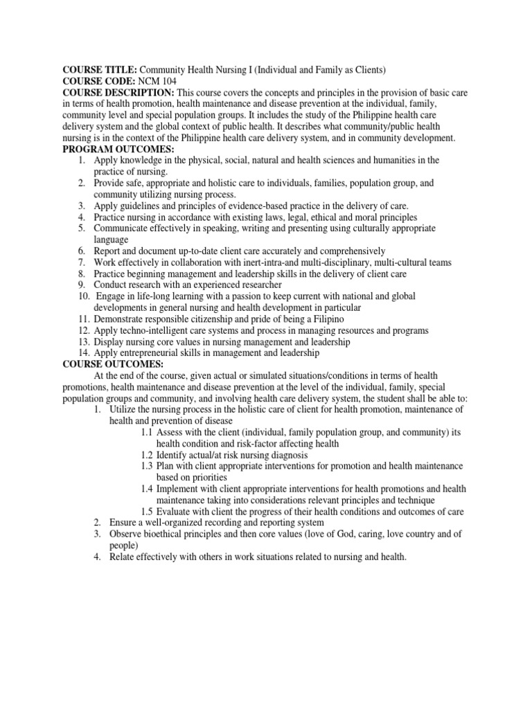 Community Health Nursing I Syllabus | PDF | Nursing | Community