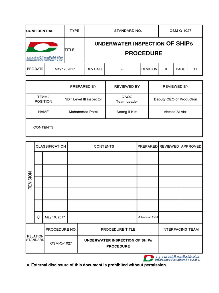 Underwater Inspection Procedure PDF Underwater Diving Surveying