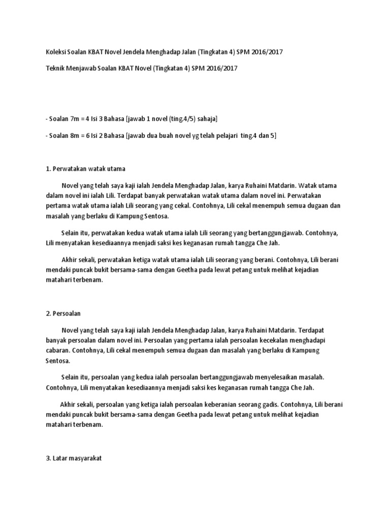 Contoh Jawapan Soalan Spm Bagi Novel Jendela Menghadap Jalan malakuio
