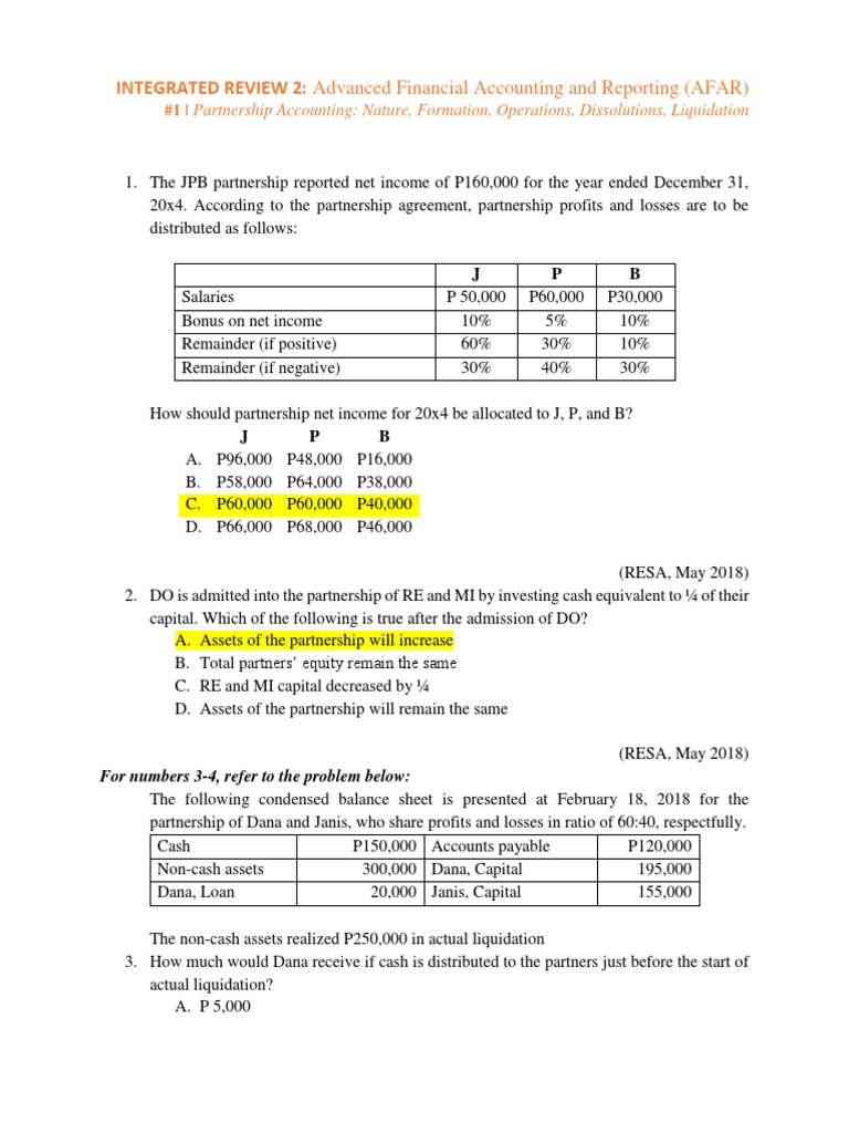 Afar Week1 Compiled Questions Partnership Retained Earnings