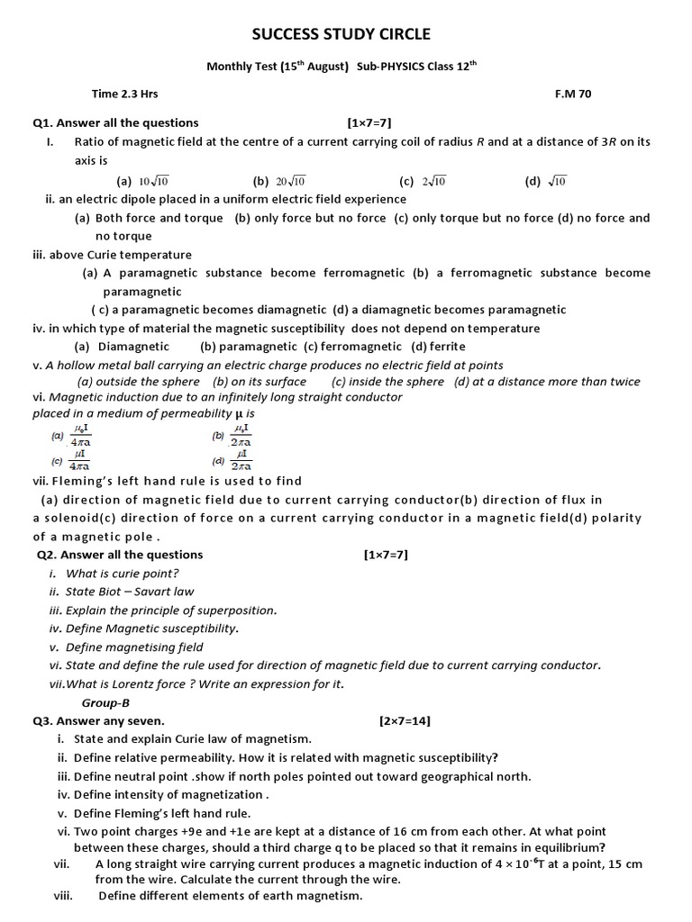 Class 12 Physics Monthly Test - August | PDF | Magnetic Field ...