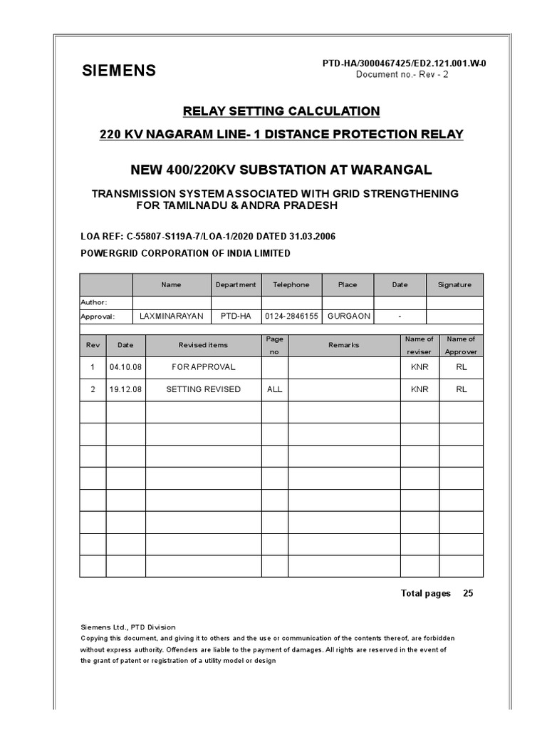 220 kV Warangal Relay Setting Guide | PDF | Electric Power System ...