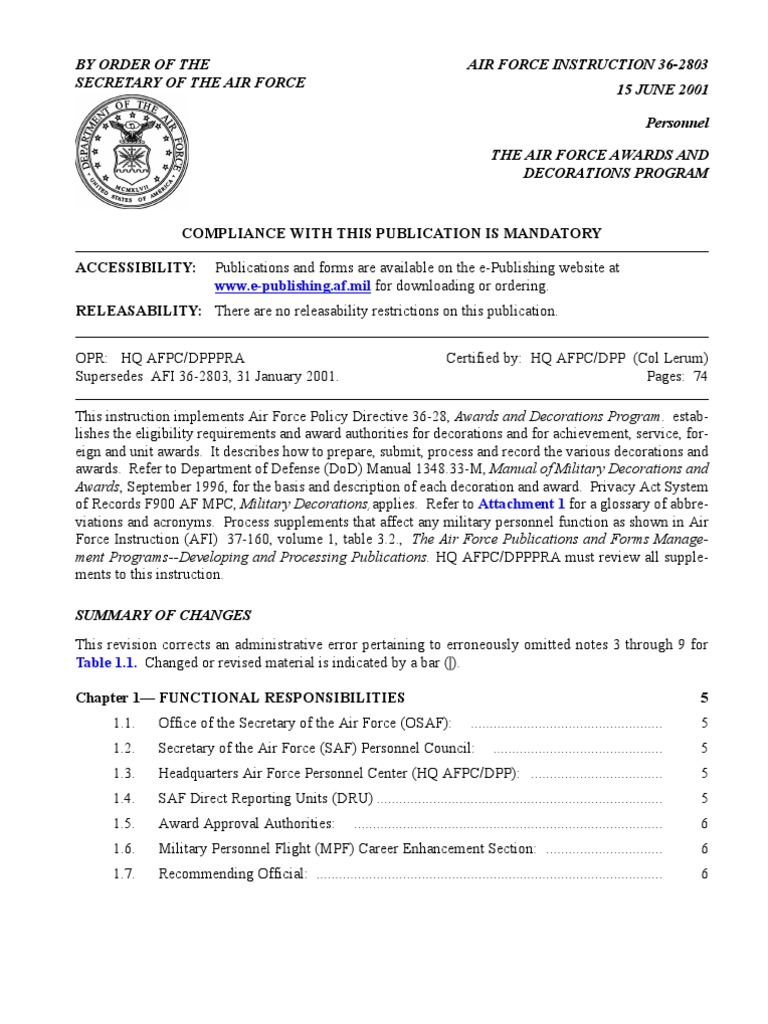 Afi 36 2803 The Air Force Military Awards And Decorations Program