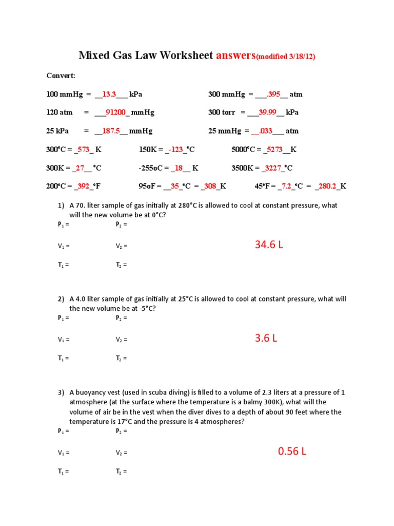 Mixed Gas Law Worksheet Answer Pressure Scuba Diving