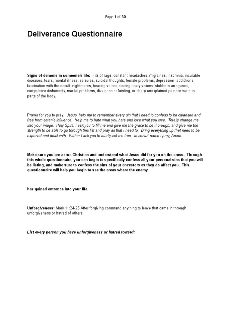 Deliverance Questionnaire PDF Demons Freemasonry