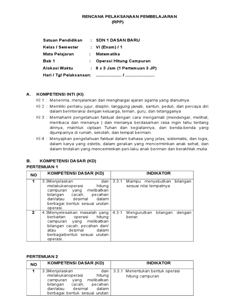 Rpp Matematika Kelas 6 Rev 2018 Pdf