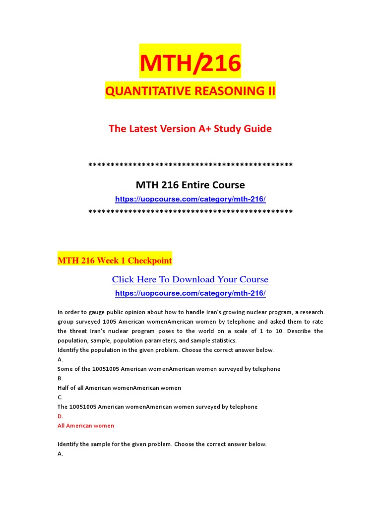 MTH 216 MATH 216 mth216 Math 216 QUANTITATIVE REASONING II | PDF ...