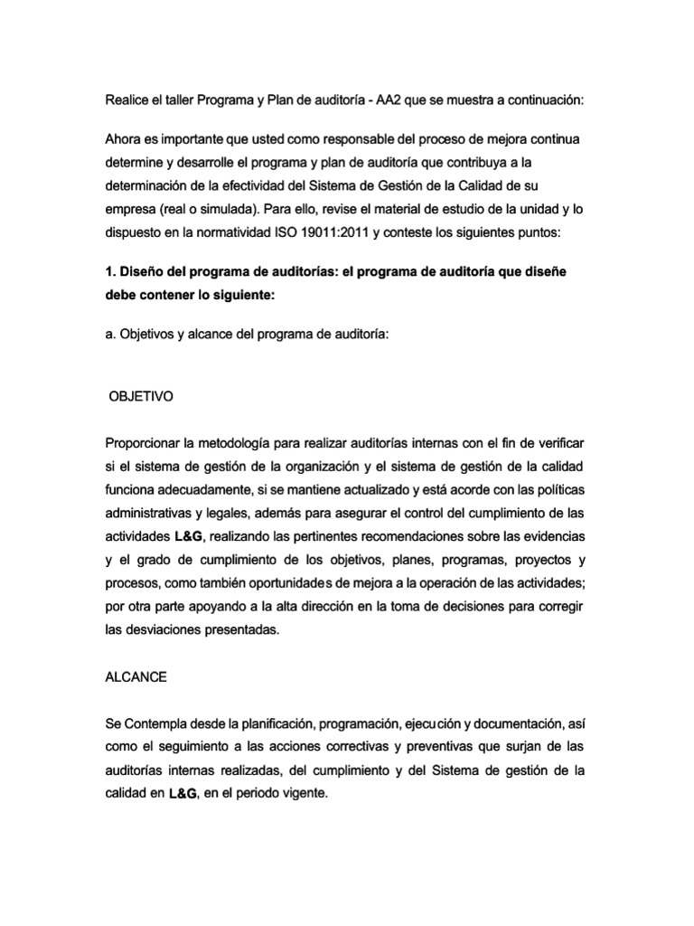 Realice El Taller Programa y Plan de Auditoria | PDF | Auditoría ...