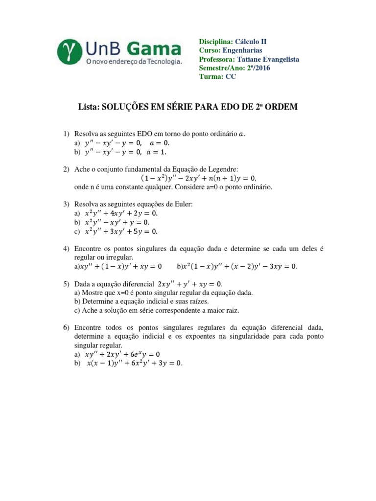 Lista1 Edo Series Pdf Equacao Diferencial Ordinaria Equacoes