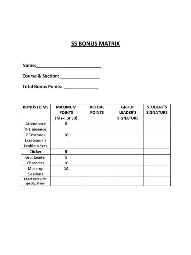 SS Bonus Points Tracking Matrix | PDF | Career & Growth | Self-Improvement