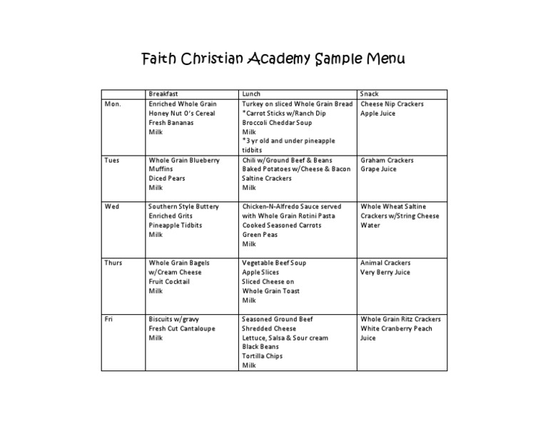 Faith Christian Academy Menu | PDF | Cooking, Food & Wine