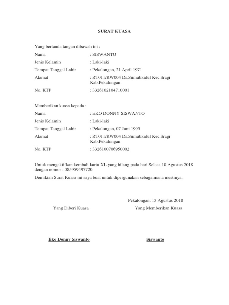 Surat Kuasa Kartu Xl