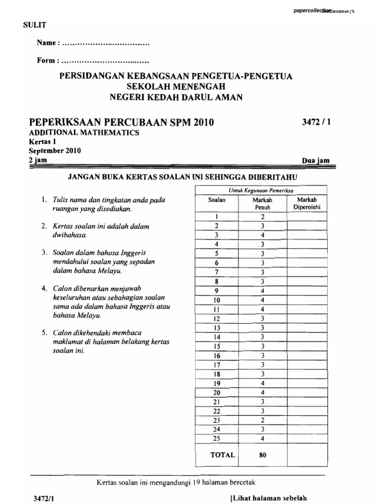 SPM 2010 Additional Math Trial Paper | PDF | Elementary Mathematics ...
