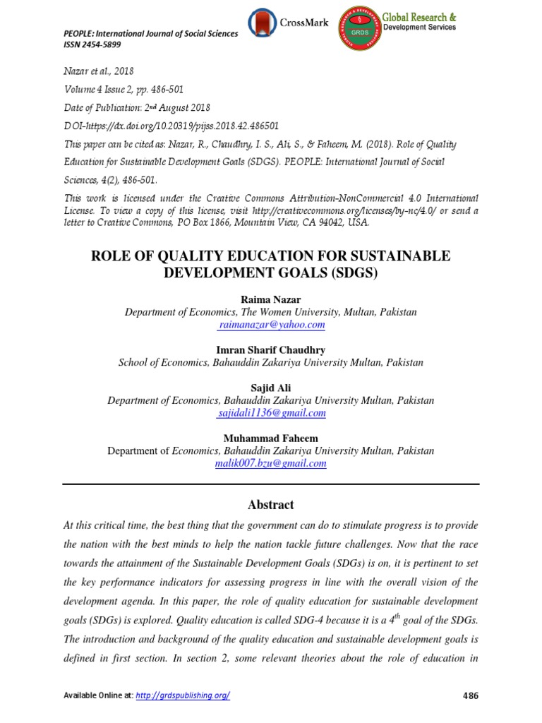 Role of Quality Education For Sustainable Development Goals (SDGS ...