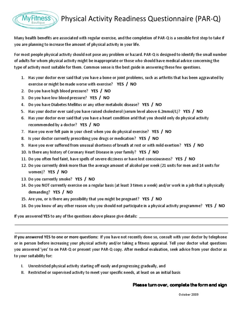 Physical Activity Readiness Questionnaire (PAR-Q) | PDF | Coronary ...