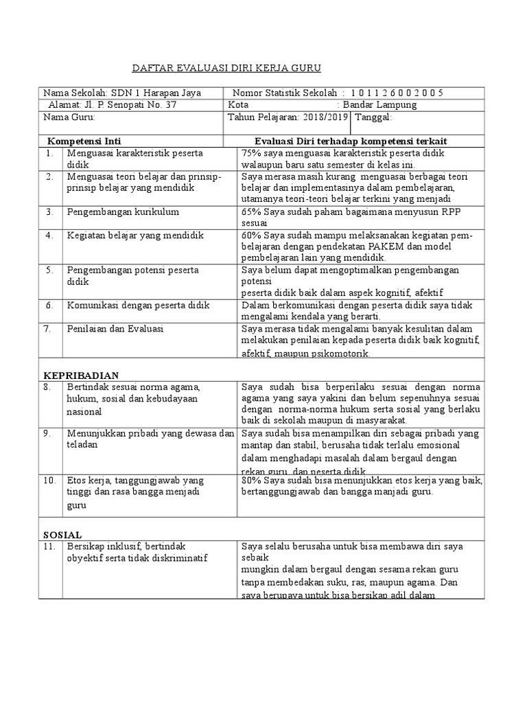 Evaluasi Diri Kerja Guru SDN 1 Harapan Jaya | PDF