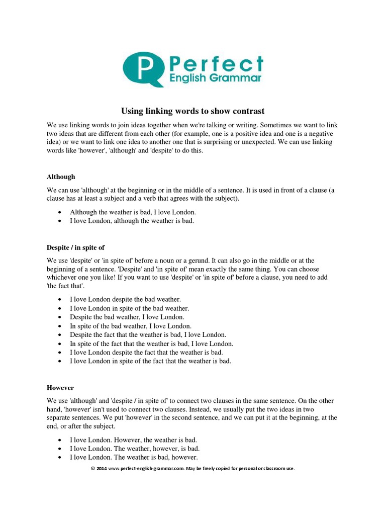 Linking Words Contrast Explanation PDF | PDF
