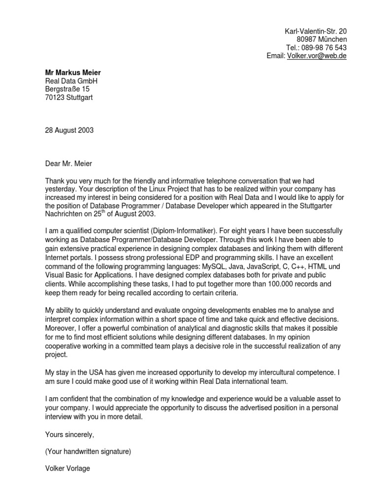 Bewerbung Englisch Programmer Databases
