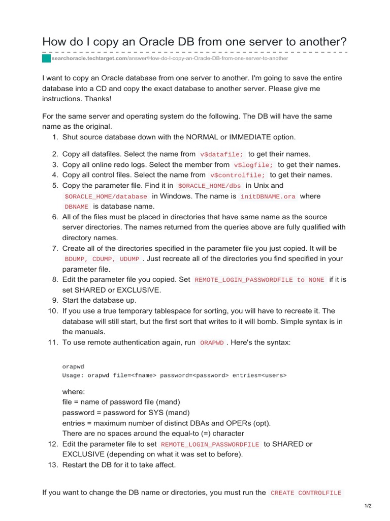 How Do I Copy An Oracle DB From One Server To Another | PDF | Oracle ...