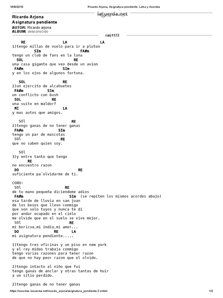 Ricardo Arjona Asignatura Pendiente Letra Y Acordes Acorde Musica Ocio