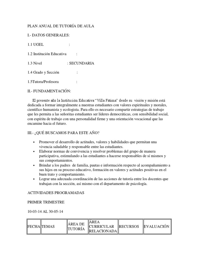Plan Anual de Tutoría de Aula | PDF | Autoestima | Evaluación