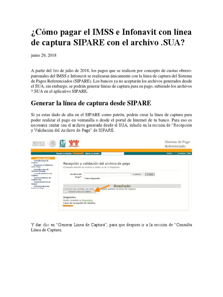 Pagar imss e infonavit con l nea de captura sipare con el archivo sua pdf