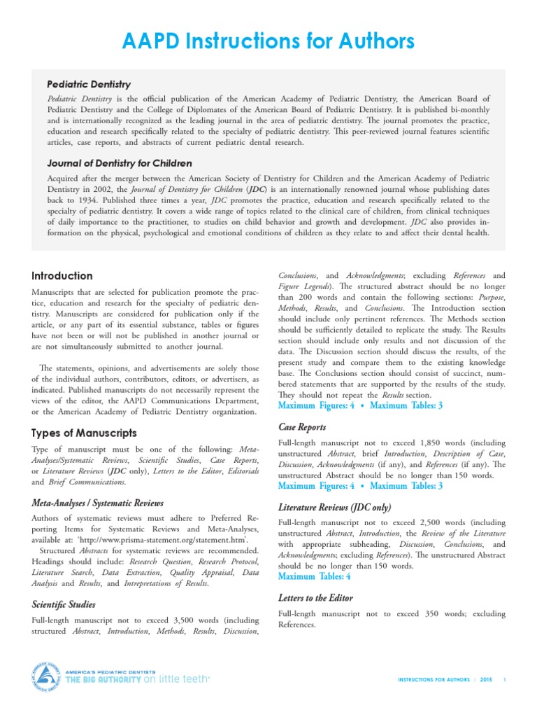 AAPD Instructions For Authors Pediatric Dentistry PDF Abstract