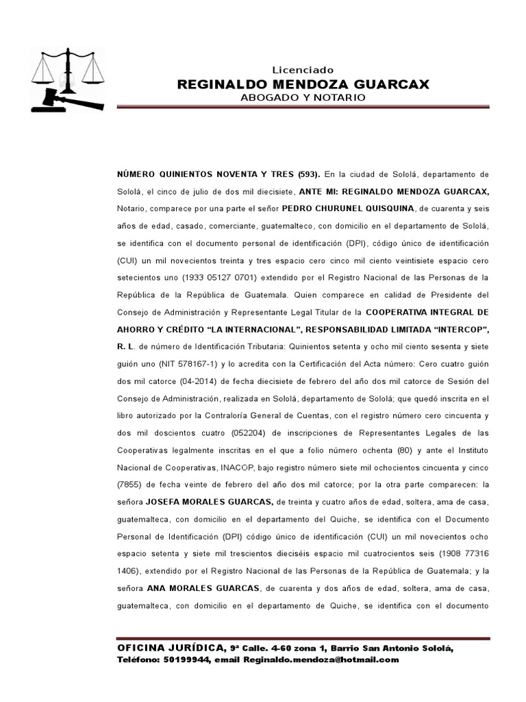 Escritura de Hipoteca INTERCOP 593 2017 Un Solo Bien Del Fiador Pagos Derecho privado