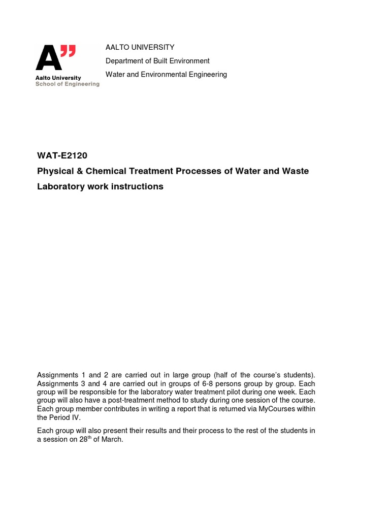 WATE2120 Physical & Chemical Treatment Processes of Water and Waste Laboratory Work