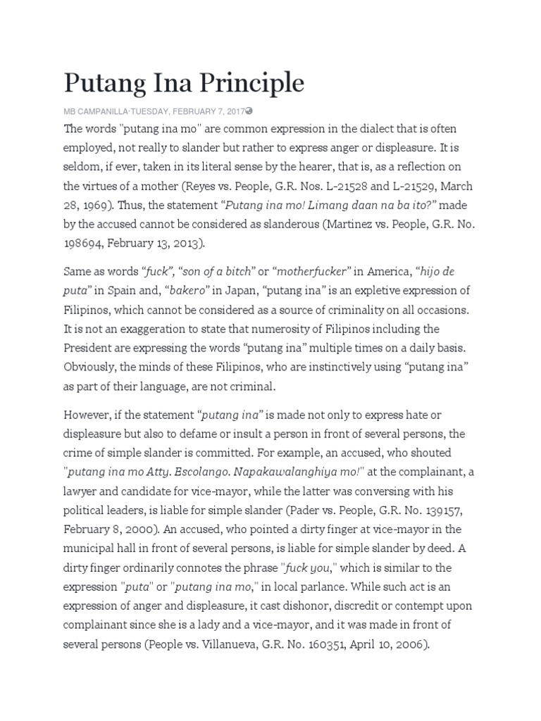 Putang Ina Principle Puta" in Spain And, "Bakero" in Japan, "Putang