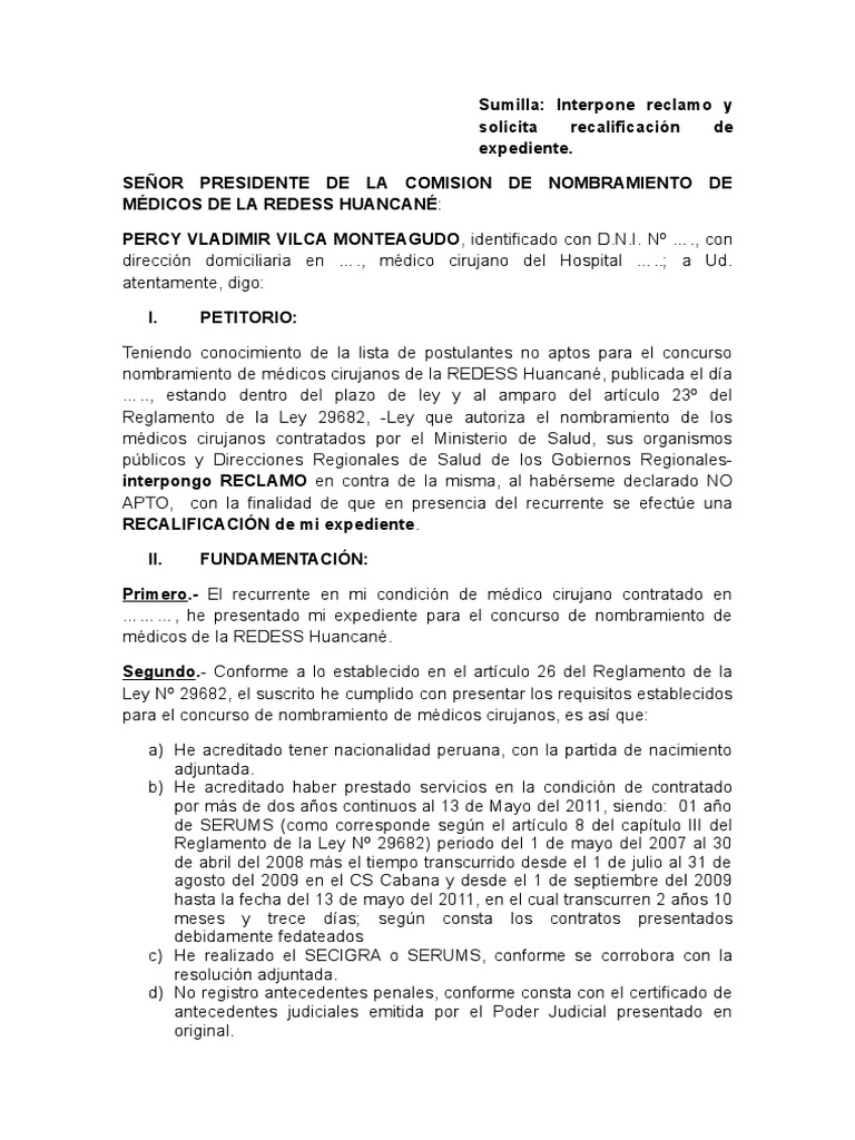 Reclamo Y Solicitud De Re Calificacion De Expediente A Hospital Gobierno