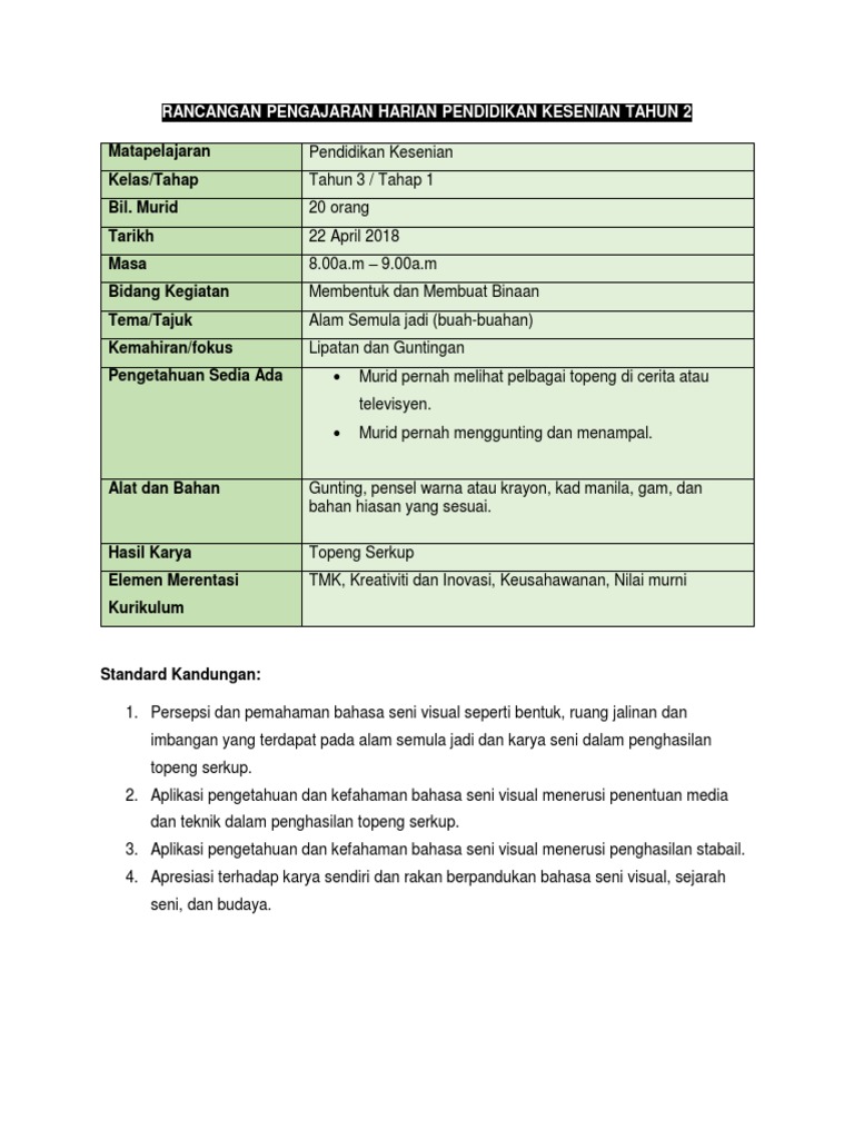 Rancangan Pengajaran Harian Pendidikan Kesenian Tahun 2 Pdf