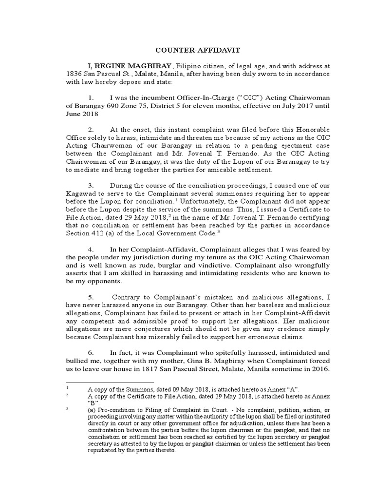 Respondent's Counter Affidavit Summary | PDF | Evidence | Affidavit