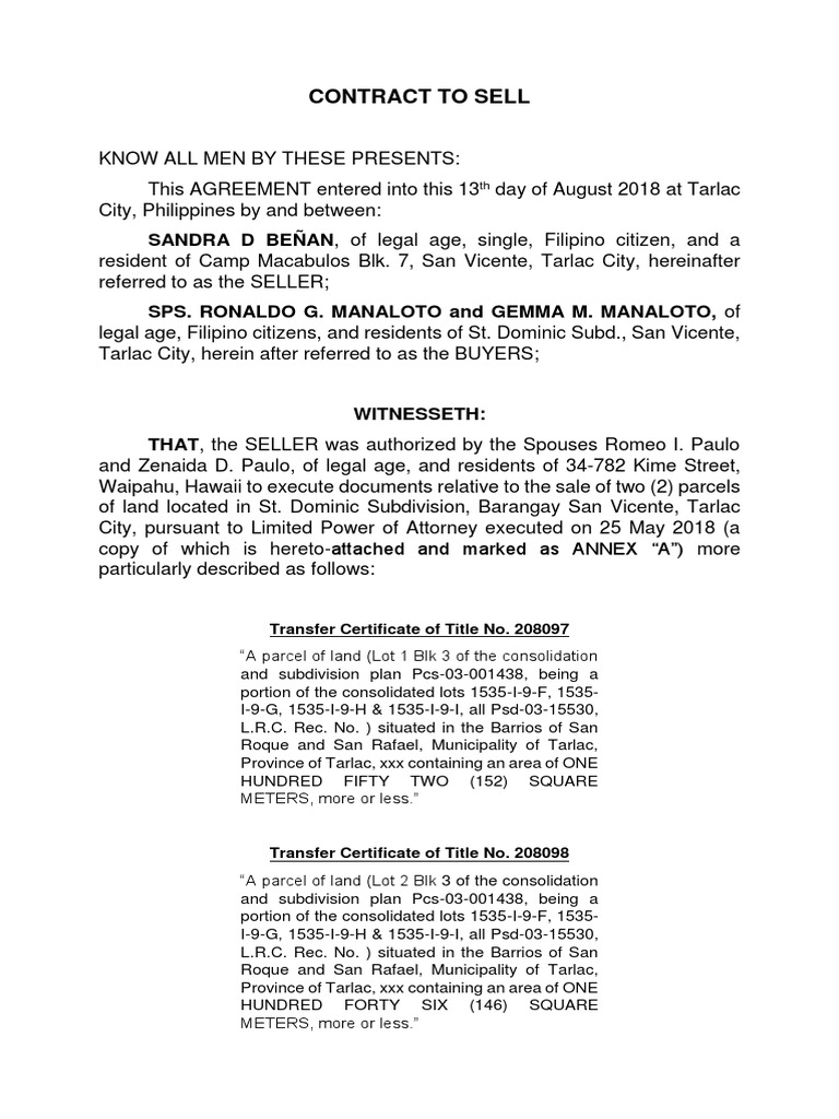 Agreement for the Sale of Two Parcels of Land in St. Dominic