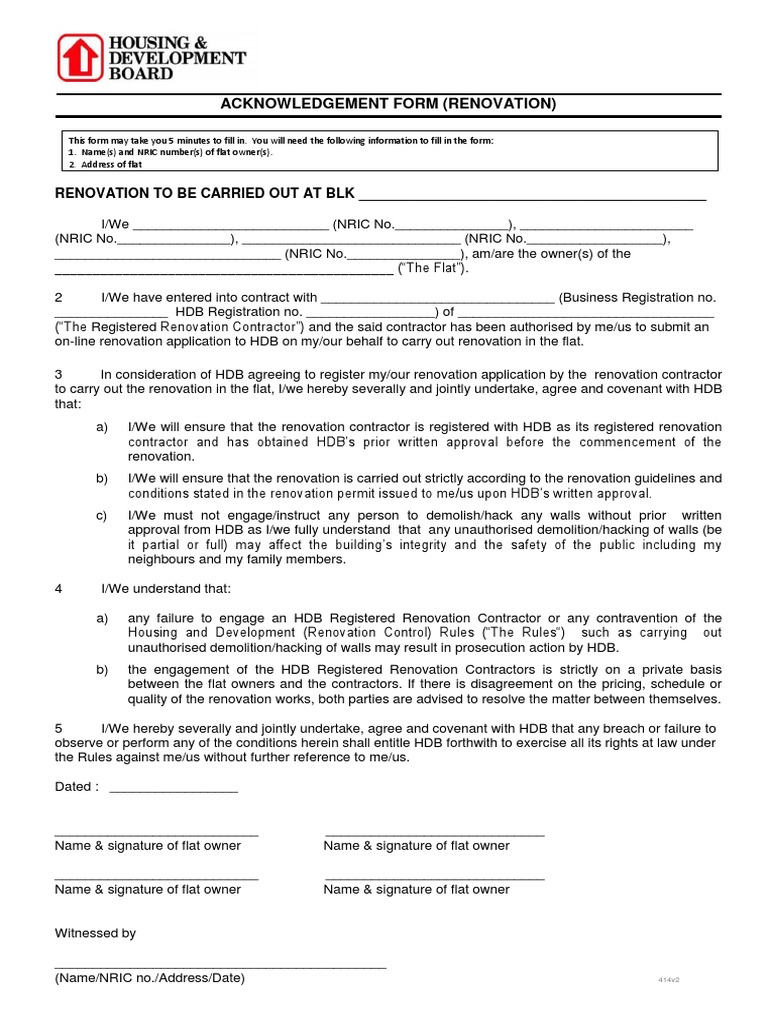 Acknowledgement Form (Renovation) : RENOVATION TO BE CARRIED OUT AT BLK ...