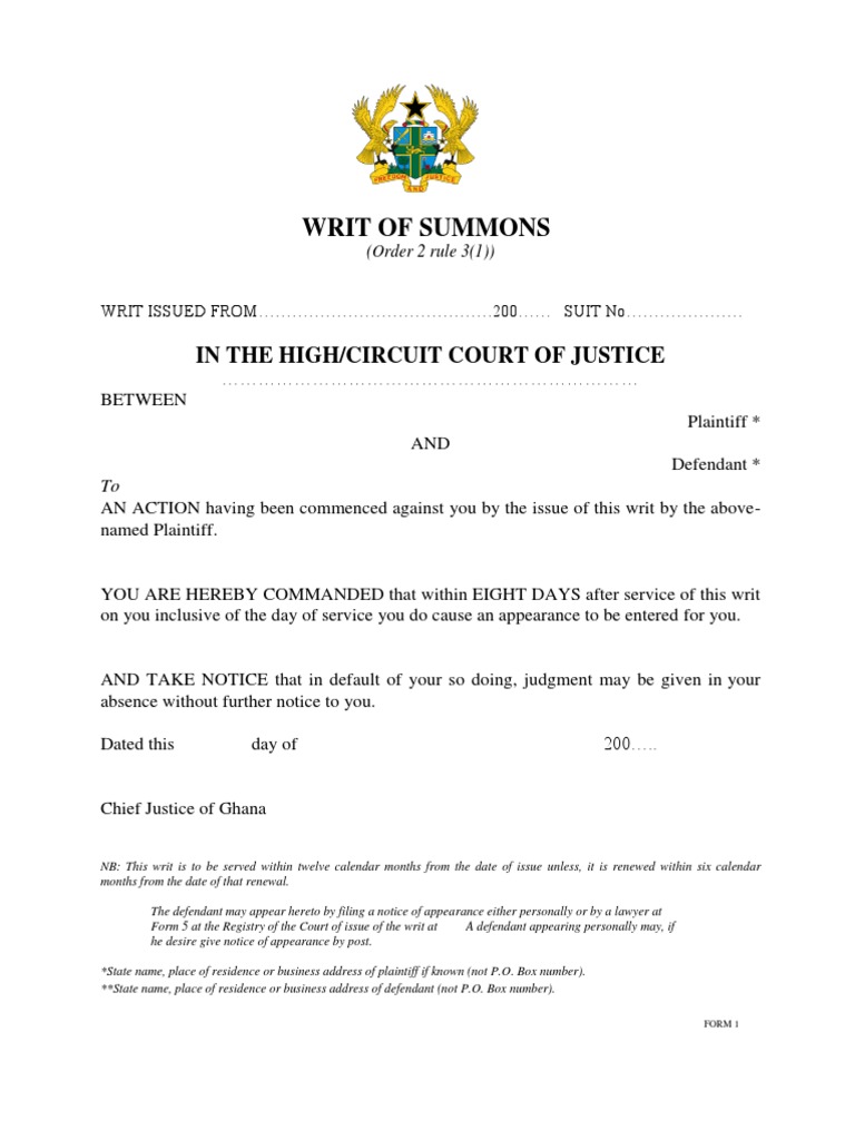 Writ of Summons For High Court PDF Writ Summons