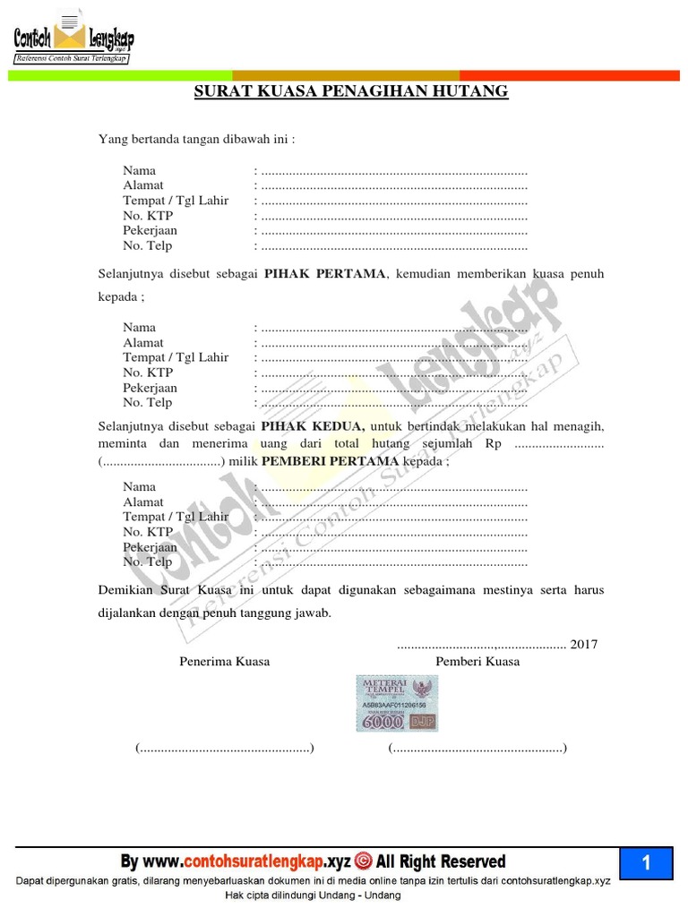 Contoh Surat Kuasa Penagihan Hutang Perorangan