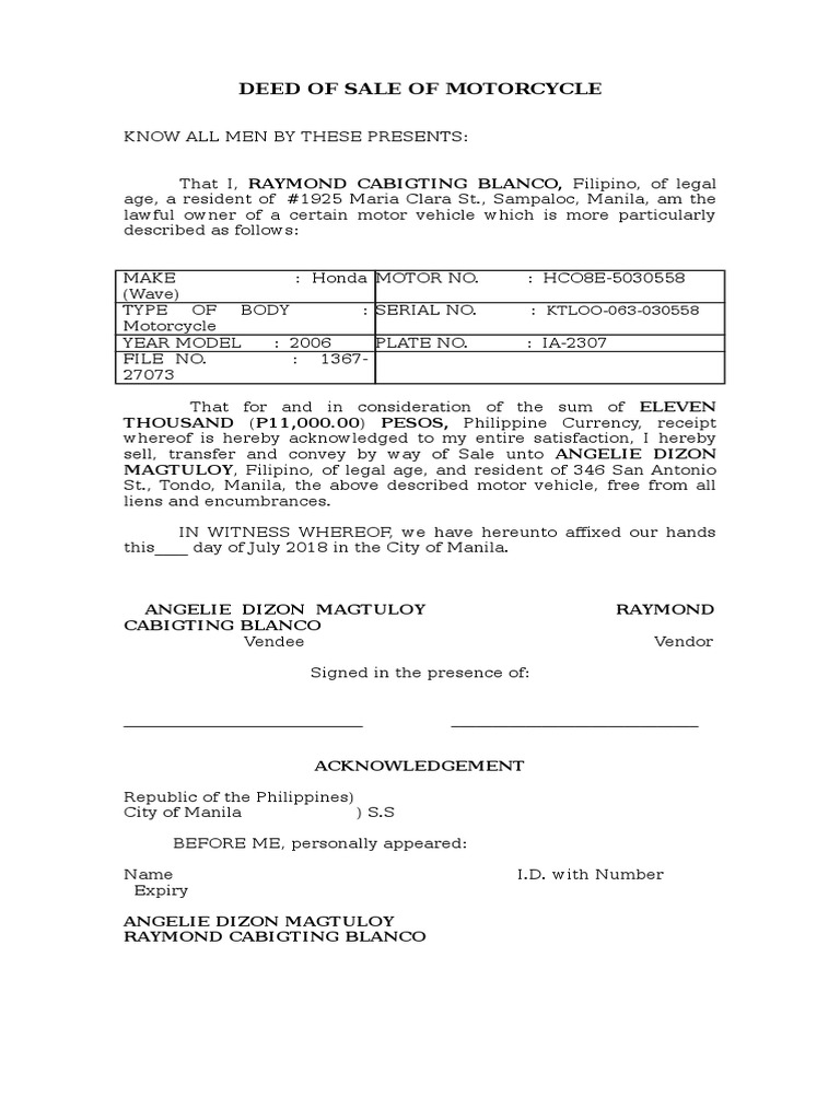 Motorcycle Deed of Sale Template | PDF