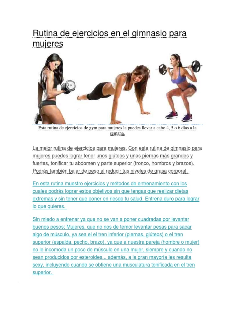 Rutinas Gym Mujer Gratis Rutina de Ejercicios en El Gimnasio para Mujeres | PDF | Recreación |  Ejercicio físico