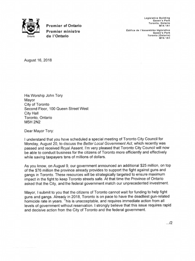 Premier Ford letter to Mayor Tory