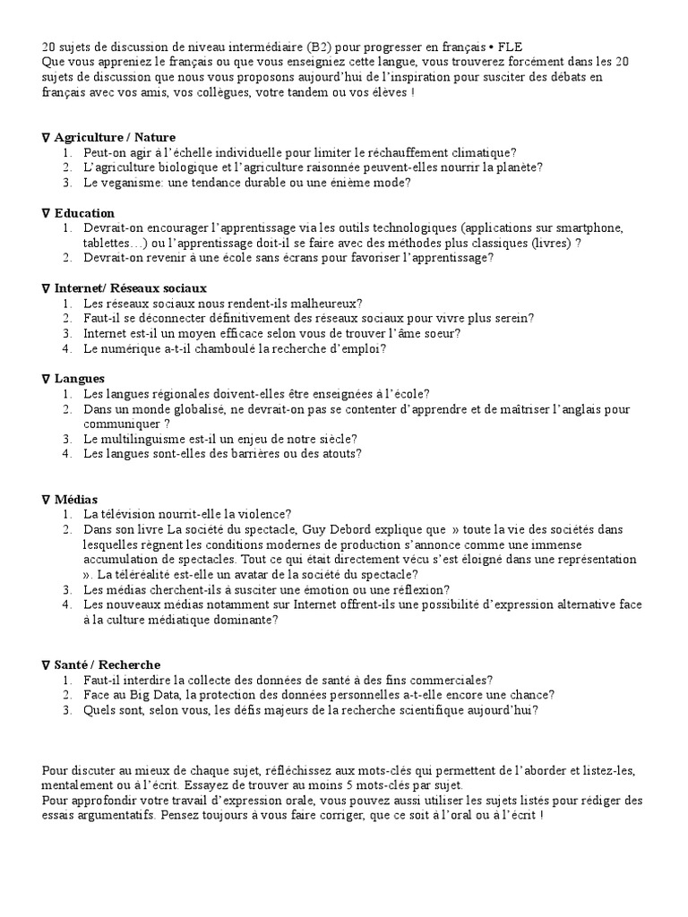 20 Sujets de Discussion de Niveau Intermédiaire  Média (Communication